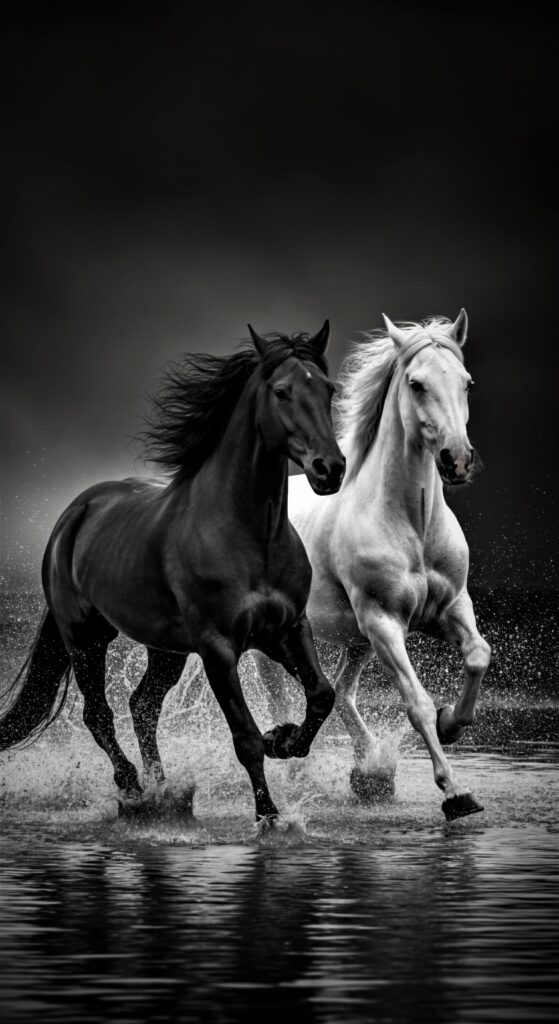 Powerful Black and White Horses Running