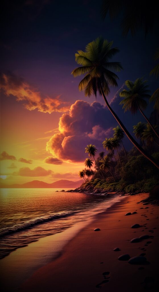 Tropical Sunset Beach Mobile Wallpaper in 4K HD