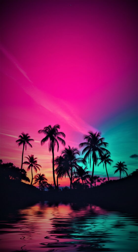 Neon Tropical Sunset Palm Tree Mobile Wallpaper
