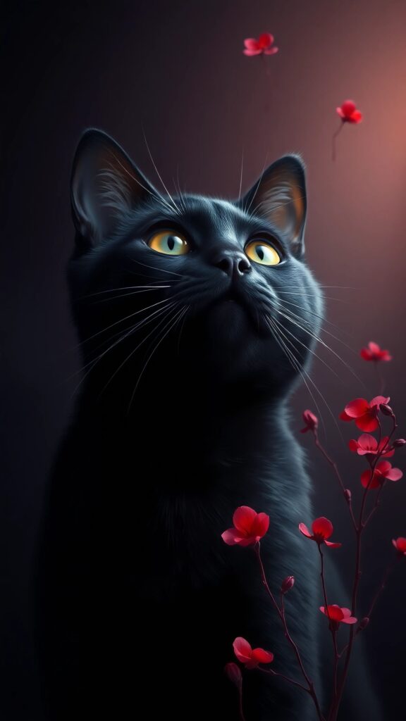 Dark Aesthetic Black Cat Floral 4K Mobile Wallpaper for Smartphone